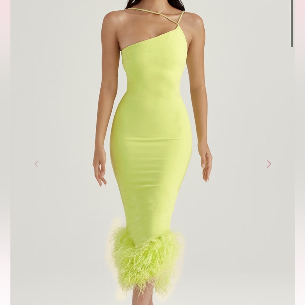 Asymmetric Neon Green Feather-Hem Bodycon Dress